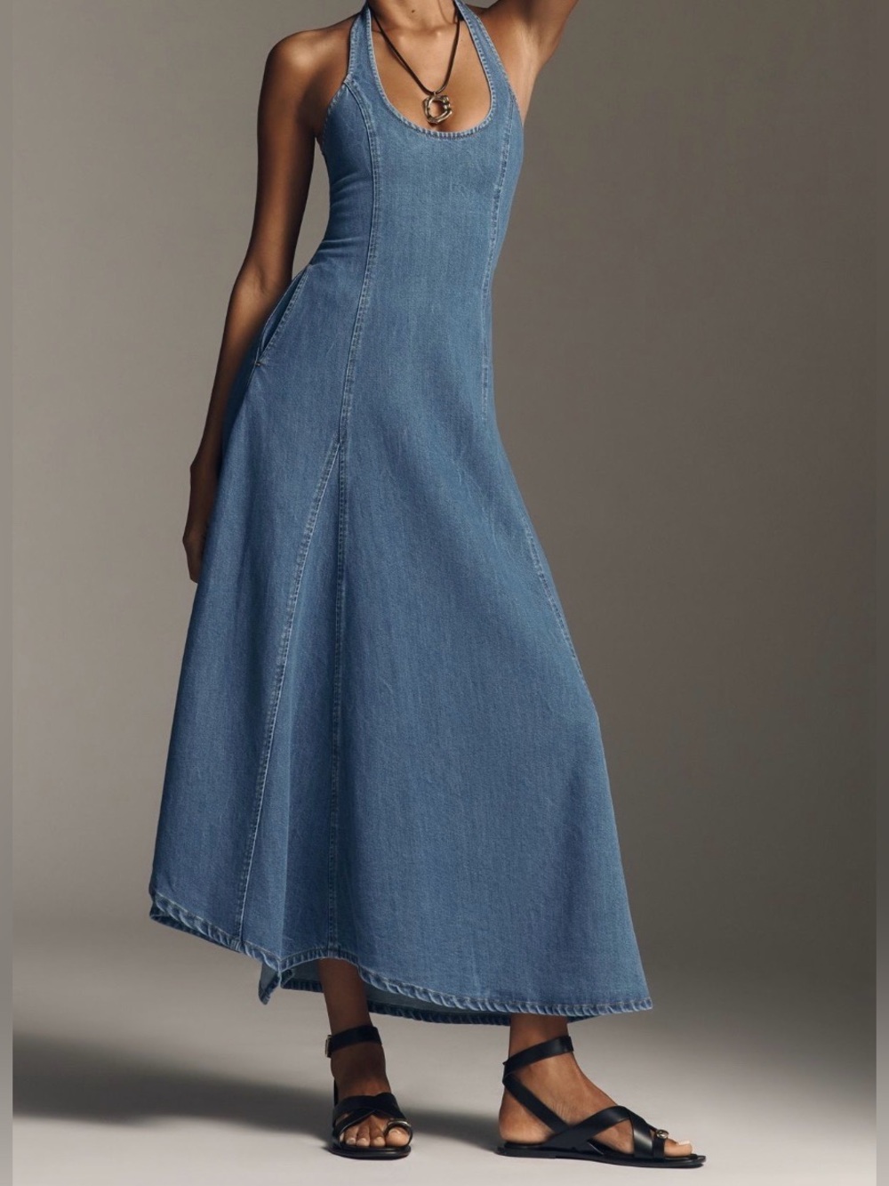 SOVERE Blue Denim Maxi Halter Dress